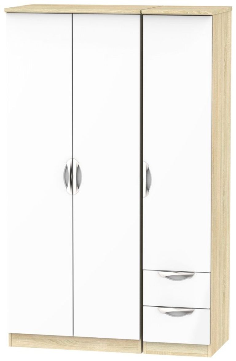 Camden White Gloss and Oak Effect 3 Door Triple Wardrobe - RHF 2 Drawers