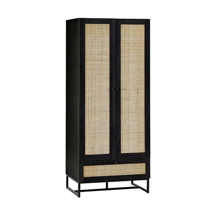 Clearance - Padstow Black and Rattan 2 Door 1 Drawer Double Wardrobe - A323