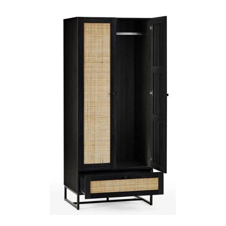 Clearance - Padstow Black and Rattan 2 Door 1 Drawer Double Wardrobe - A323