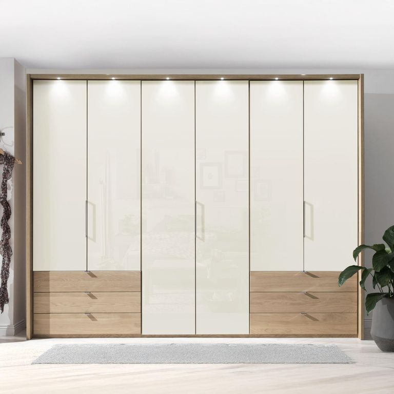 Clearance - Serena Panorama Wardrobe - 6 Door Bi Fold - 6 Drawers - Champagne Glass Front and Oak Carcase - FSS15635