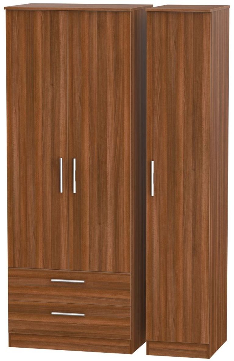 Contrast Noche Walnut 3 Door Triple Wardrobe - LHF 2 Drawers