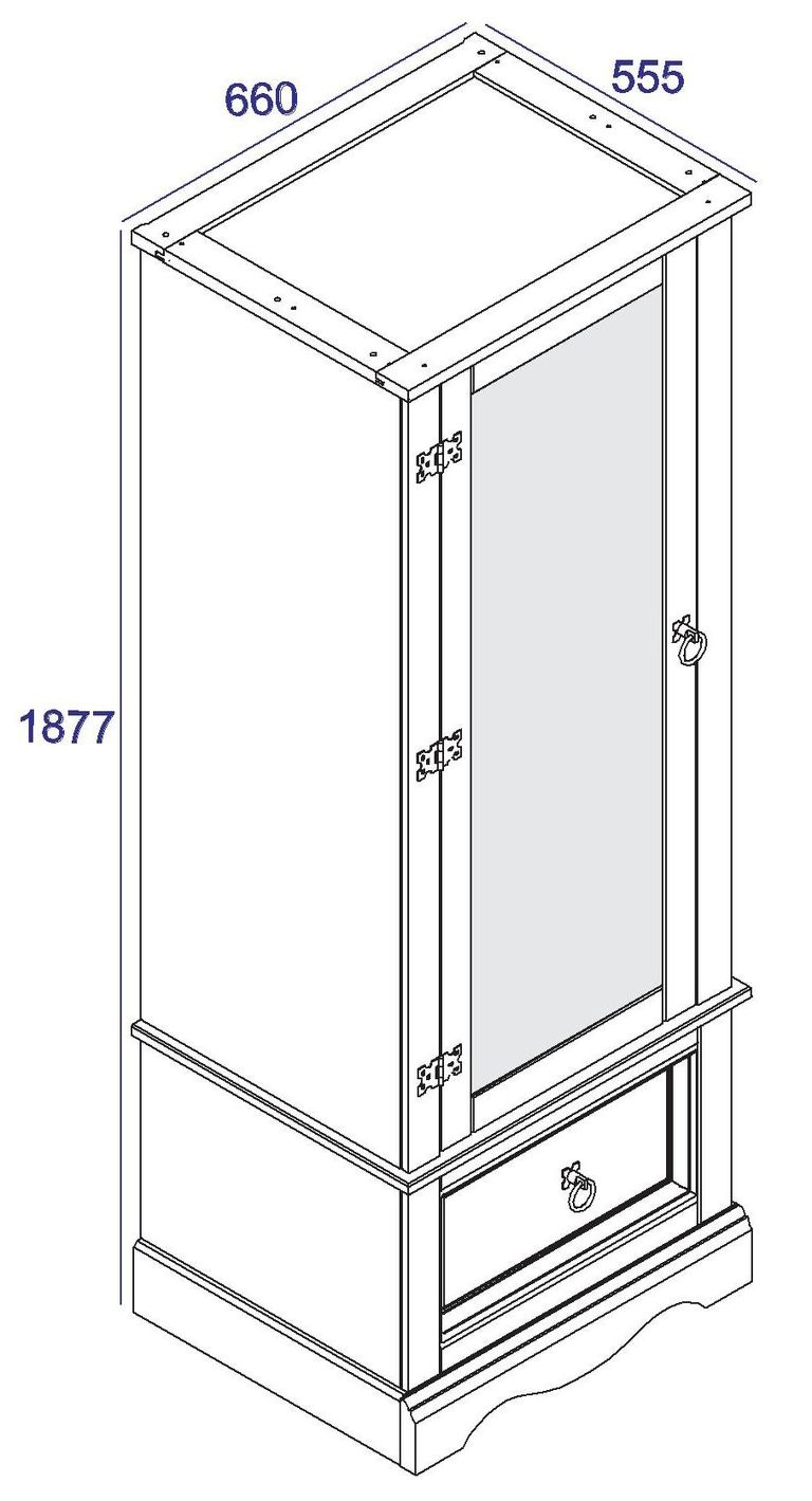 Corona Pine Mexican Single Door Mirror Wardrobe with Drawer