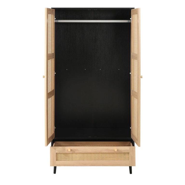 Croxley Wardrobe - 2 Door - 1 Drawer - Black and Rattan