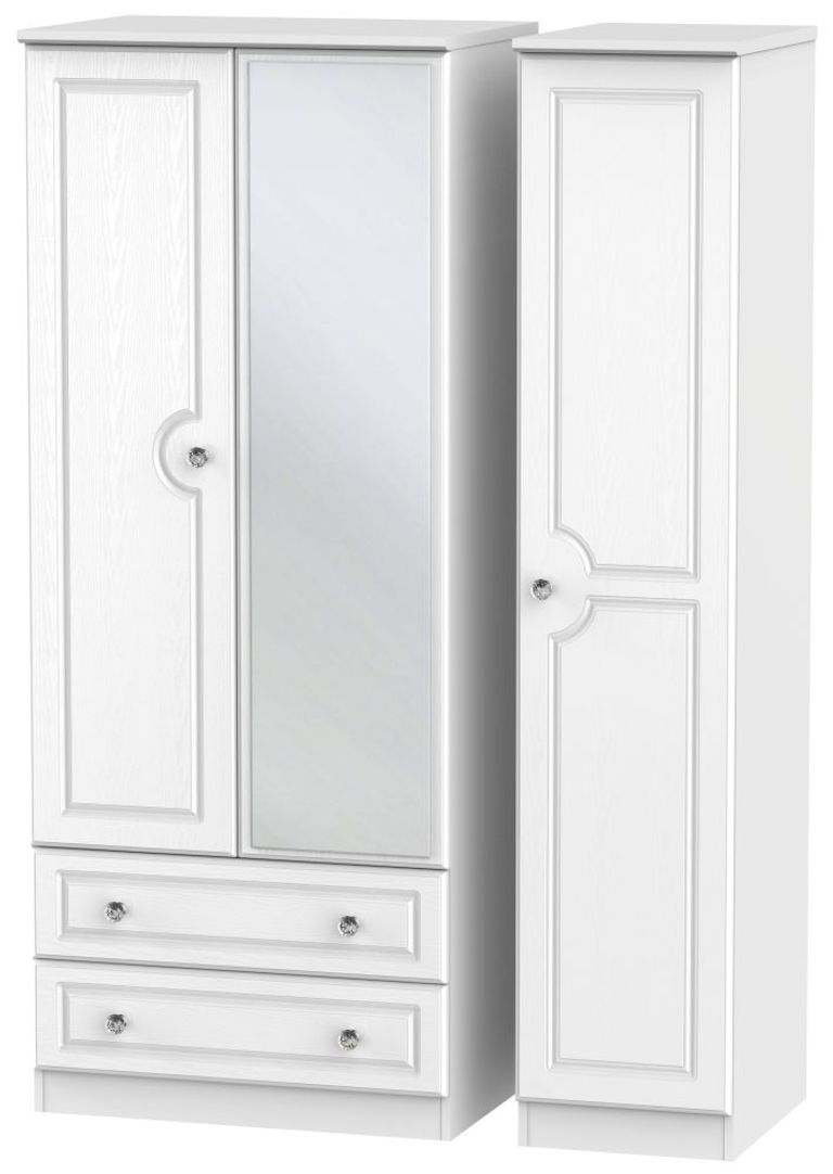 Crystal White 3 Door Combi Wardrobe - 1 Mirror and LHF 2 Drawers