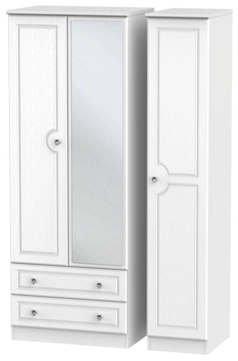 Crystal Tall Combi Wardrobe - 3 Door - 1 Mirror - LHF 2 Drawers - White