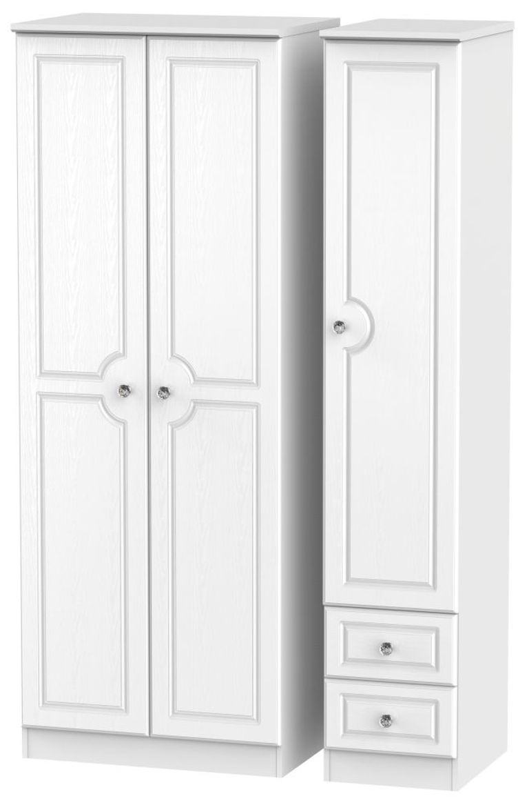 Crystal Tall Triple Wardrobe - 3 Door - RHF 2 Drawers - White
