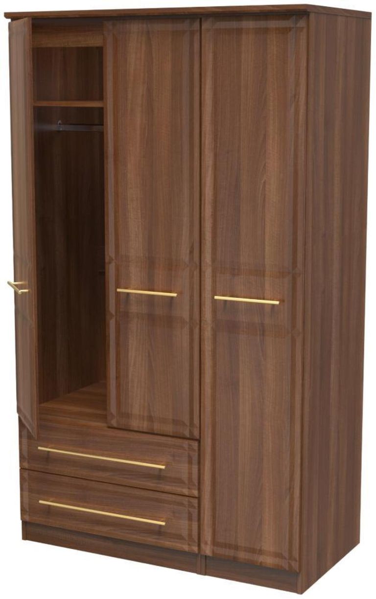 Faye Walnut Effect 3 Door Triple Wardrobe - LHF 2 Drawers