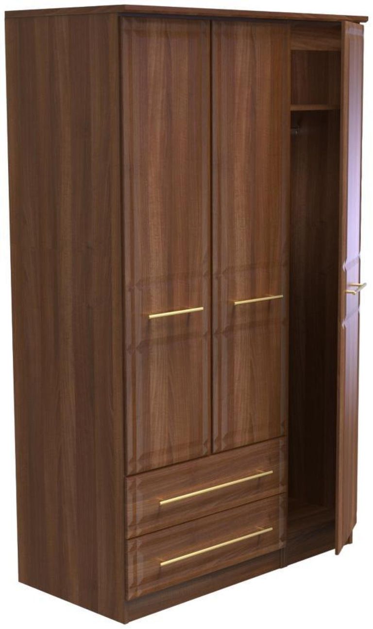 Faye Walnut Effect 3 Door Triple Wardrobe - LHF 2 Drawers