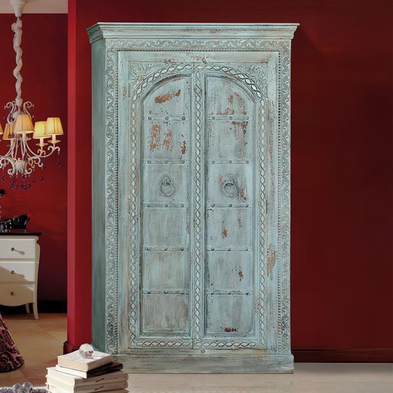 Flourtown Wardrobe - 2 Door - Watergreen Carved - Mango Wood