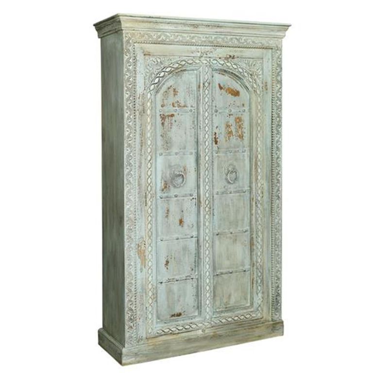 Flourtown Wardrobe - 2 Door - Watergreen Carved - Mango Wood