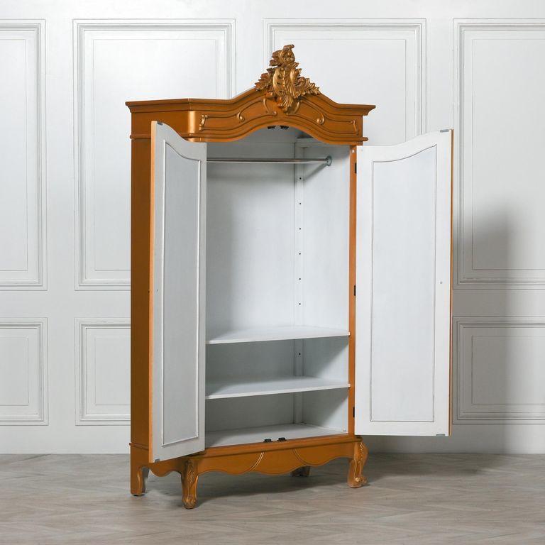 French Style Armoire Wardrobe - Gold Carved - 2 Door Mirror