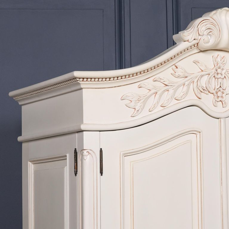 French Style Armoire Wardrobe - Lomira White Carved - 2 Door