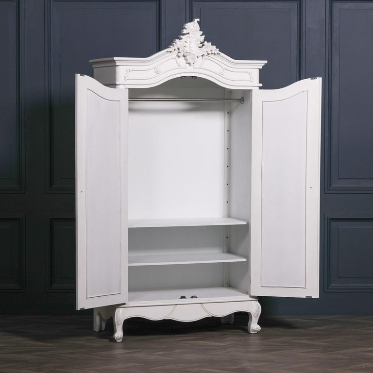 French Style Armoire Wardrobe - Off White Carved - 2 Door Mirror