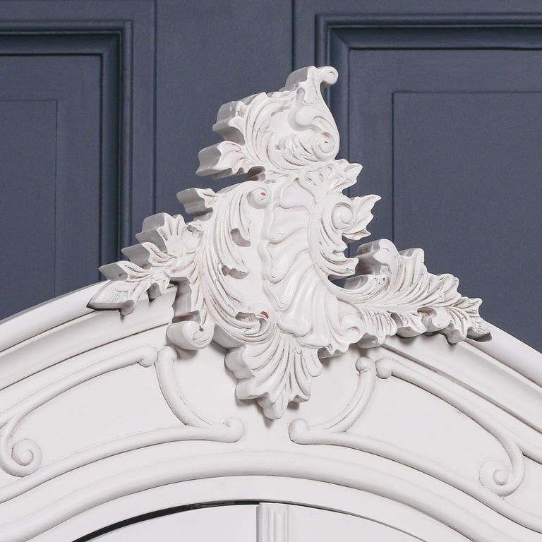 French Style Armoire Wardrobe - Off White Carved - 2 Door Mirror