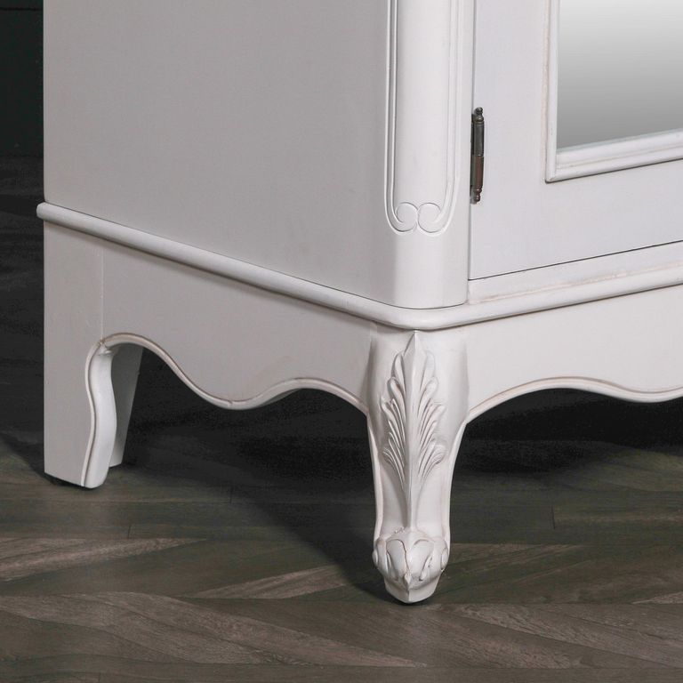 French Style Armoire Wardrobe - Off White Carved - 2 Door Mirror