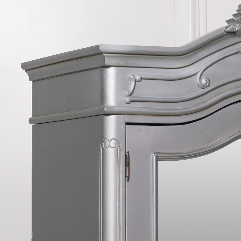 French Style Armoire Wardrobe - Silver Carved - 2 Door Mirror