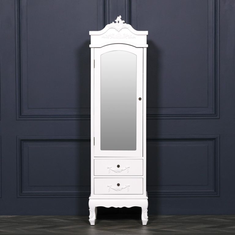 French Style Armoire Combi Wardrobe - White Carved - 1 Door