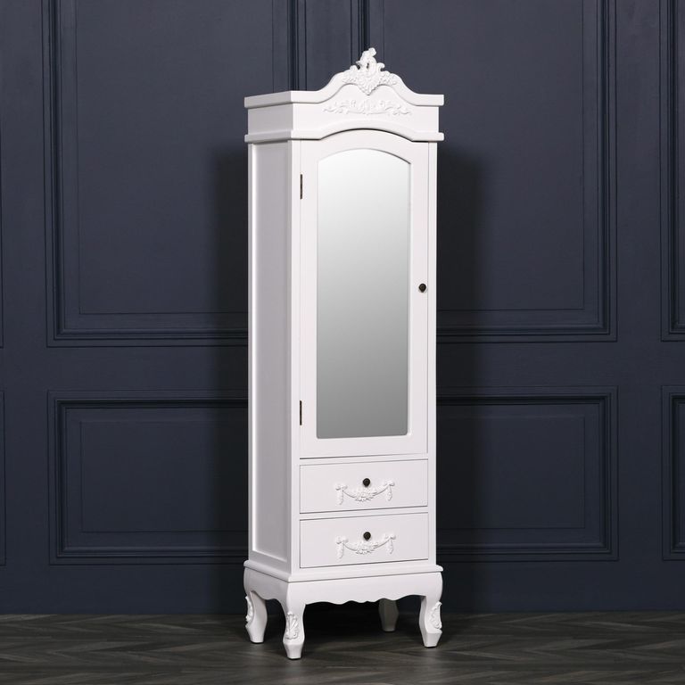 French Style Armoire Combi Wardrobe - White Carved - 1 Door