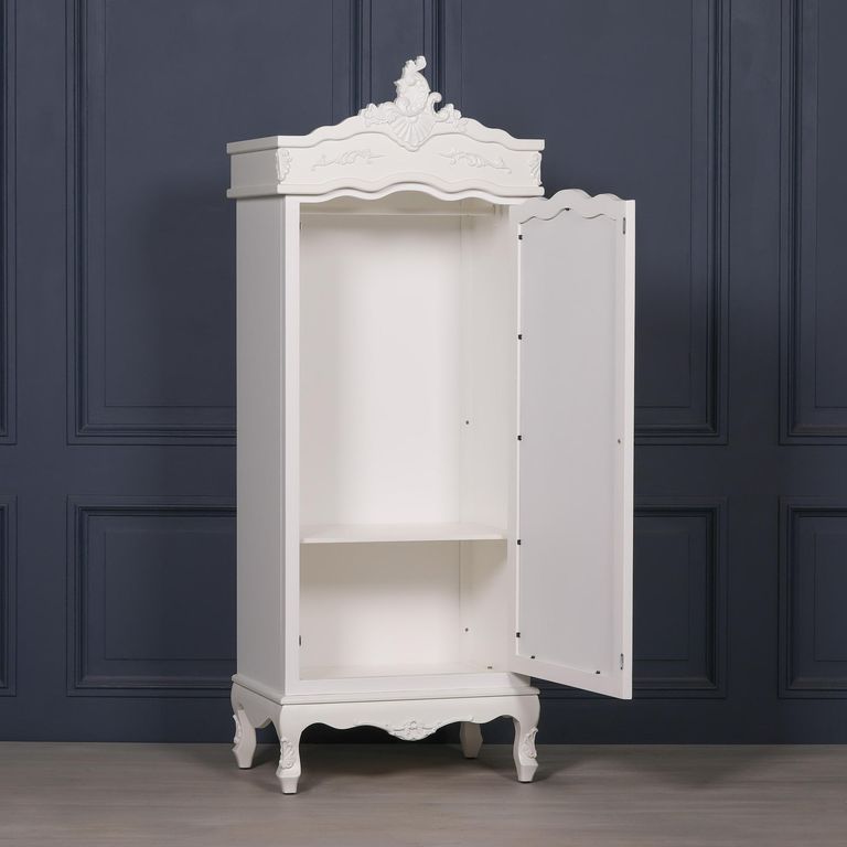 French Style Armoire Wardrobe - White Carved - 1 Door Mirror