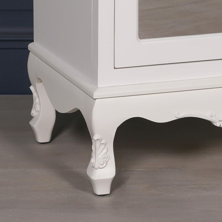French Style Armoire Wardrobe - White Carved - 1 Door Mirror