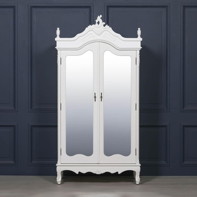 French Style Armoire Wardrobe - White Carved - 2 Door Mirror