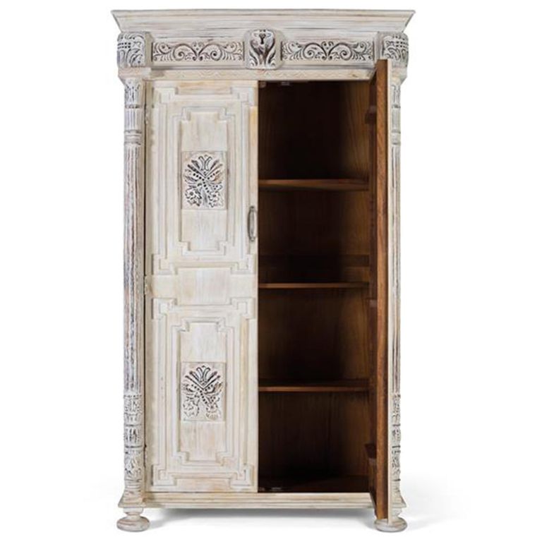 Imbery Wardrobe - 2 Door - Distressed White Carved - Mango Wood