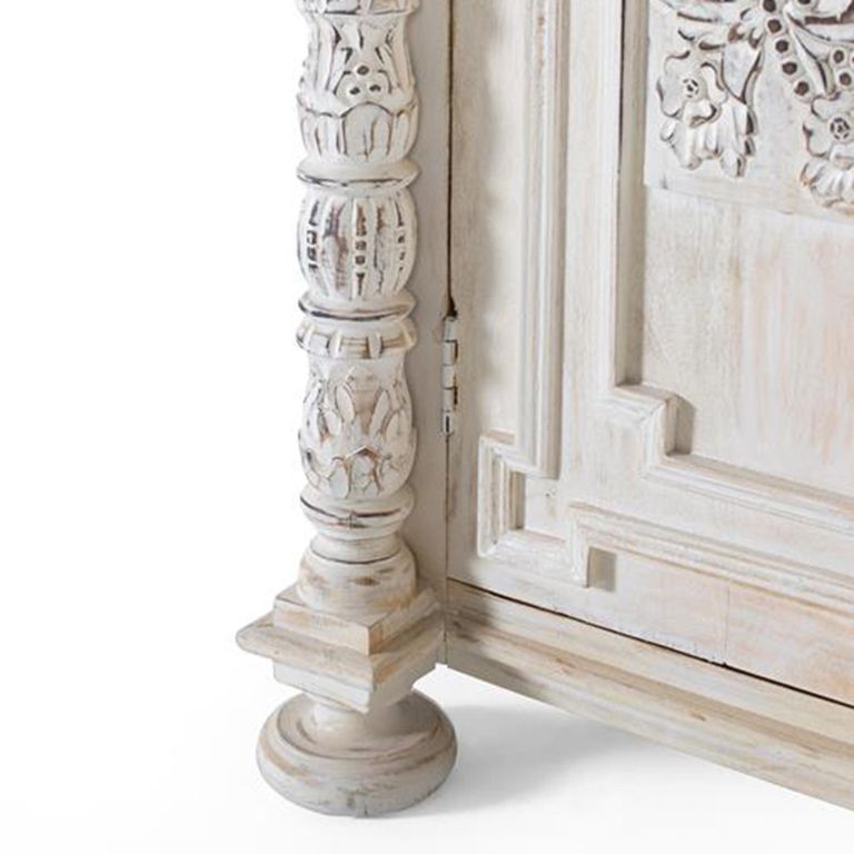 Imbery Wardrobe - 2 Door - Distressed White Carved - Mango Wood