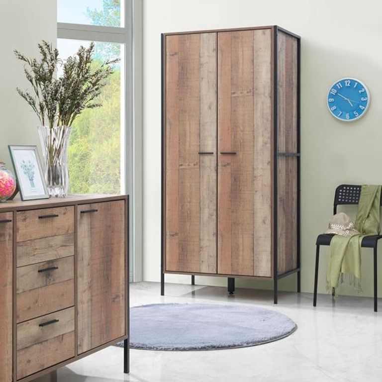 Industrial Rustic Oak Effect 2 Door Wardrobe