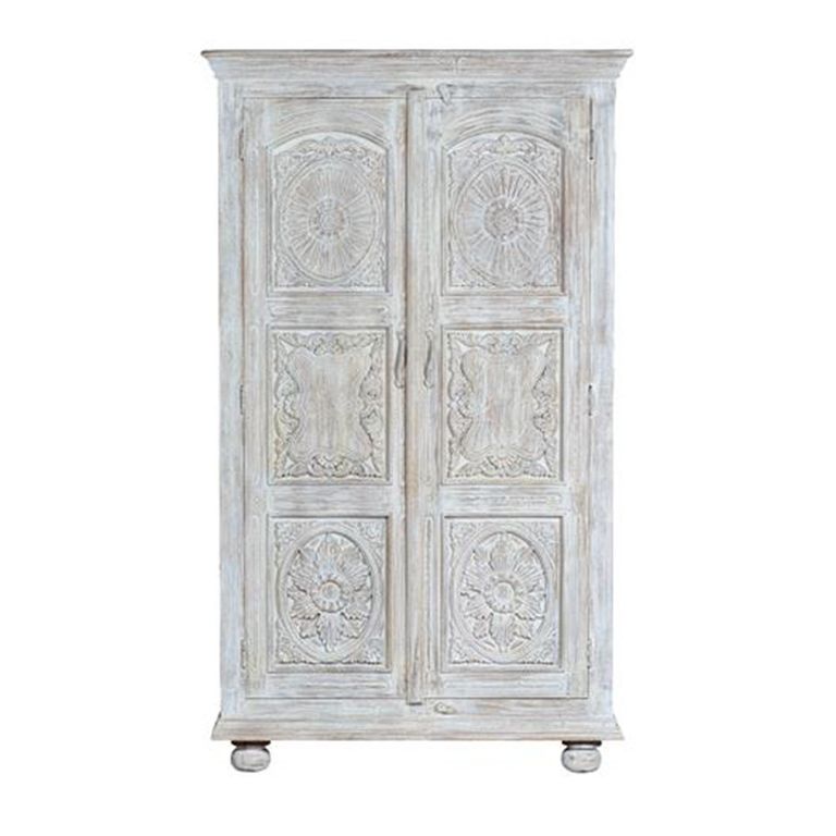 Jensen Wardrobe - 2 Door - Distressed White Carved - Mango Wood