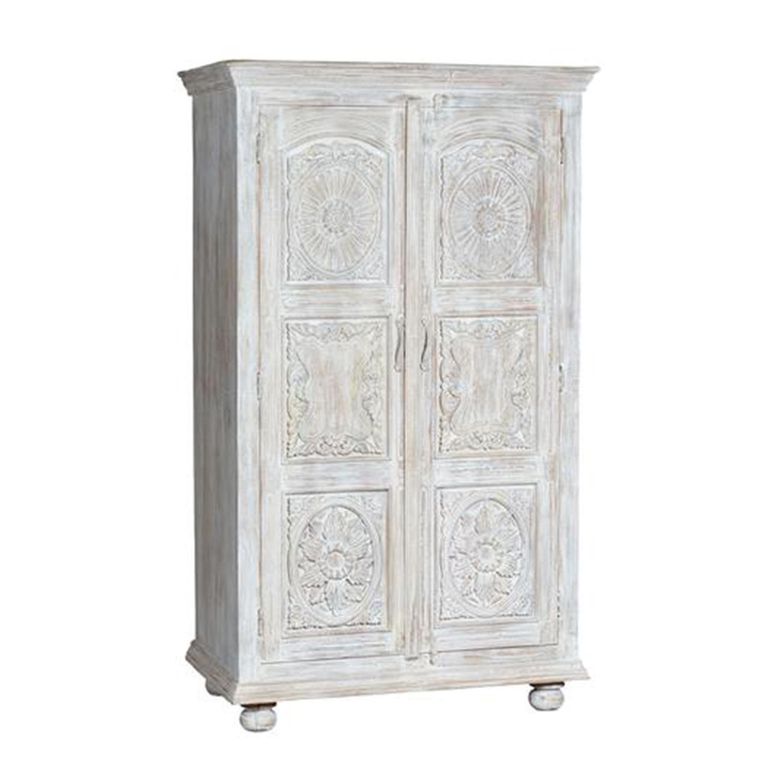 Jensen Wardrobe - 2 Door - Distressed White Carved - Mango Wood