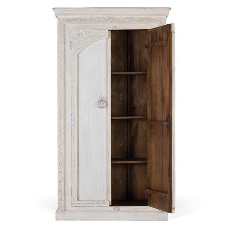 Kahoka Wardrobe - 2 Door - Distressed White Carved - Mango Wood
