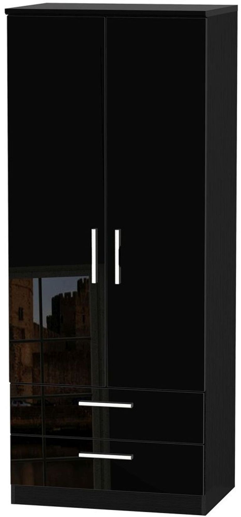Knightsbridge Black Gloss 2 Door 2 Drawer Double Wardrobe