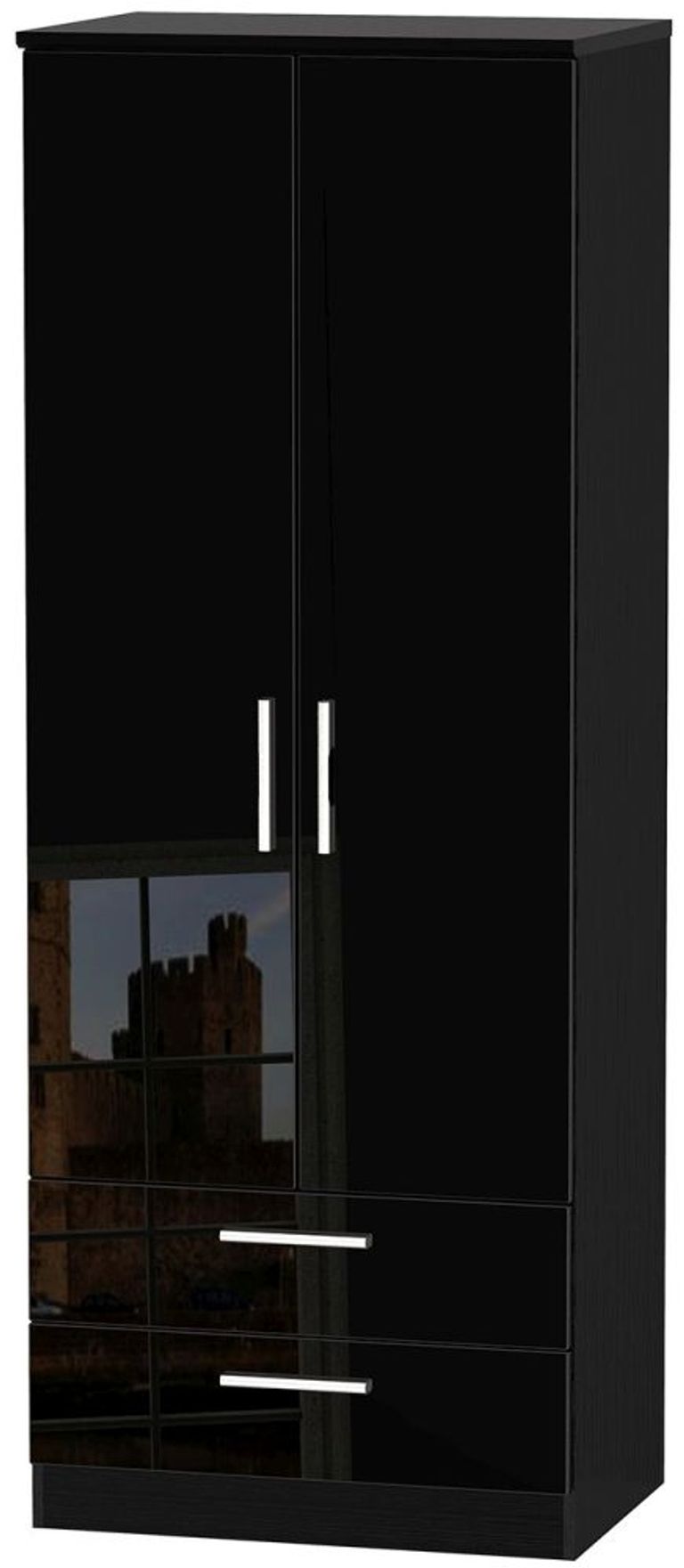 Knightsbridge Black Gloss 2 Door 2 Drawer Tall Wardrobe