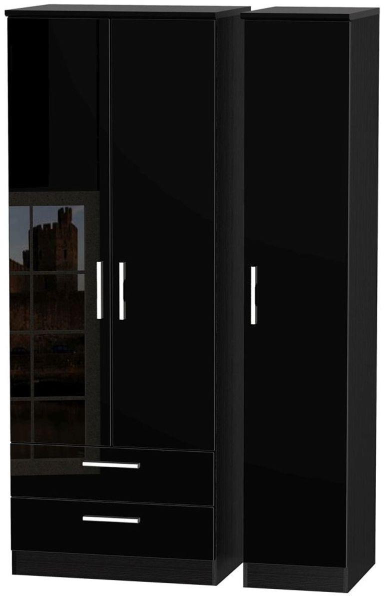 Knightsbridge Black Gloss 3 Door Tall Triple Wardrobe - LHF 2 Drawers