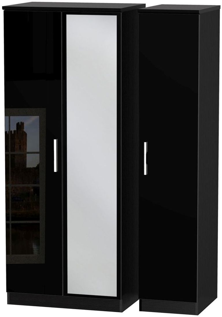 Knightsbridge Black Gloss 3 Door Triple Wardrobe - 1 Mirror