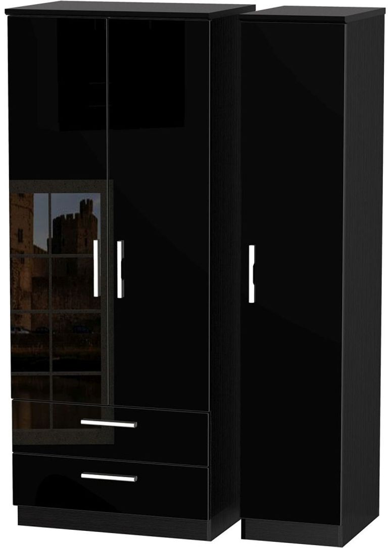 Knightsbridge Black Gloss 3 Door Triple Wardrobe - LHF 2 Drawers