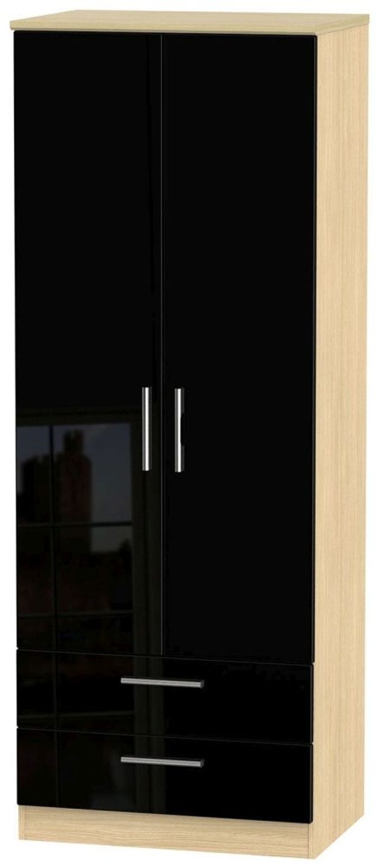 Knightsbridge Black Gloss and Light Oak 2 Door 2 Drawer Tall Wardrobe