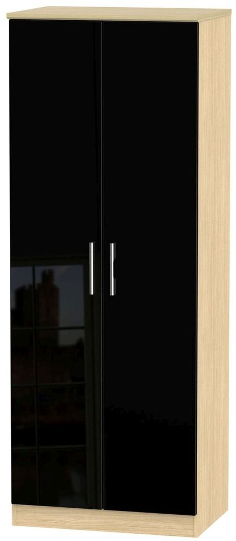 Knightsbridge Black Gloss and Light Oak 2 Door Plain Tall Wardrobe