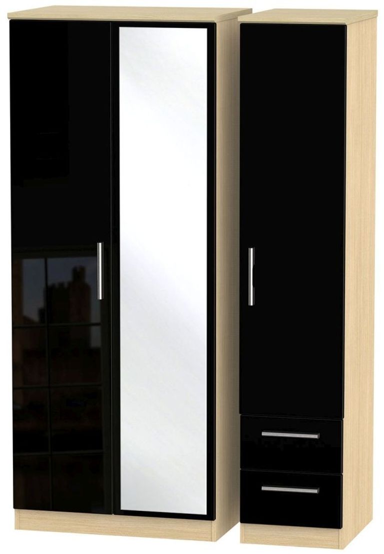 Knightsbridge Black Gloss and Light Oak 3 Door Combi Wardrobe - 1 Mirror and RHF 2 Drawers