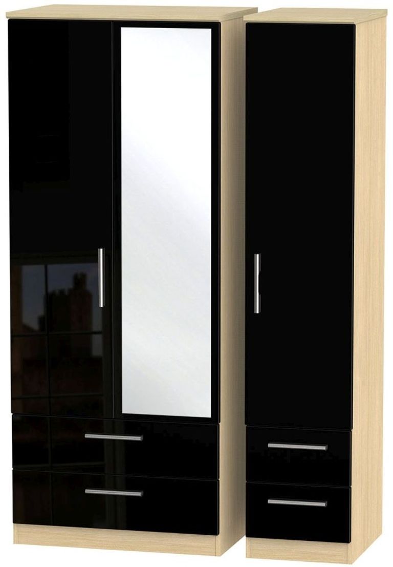 Knightsbridge Black Gloss and Light Oak 3 Door Combi Wardrobe - 1 Mirror
