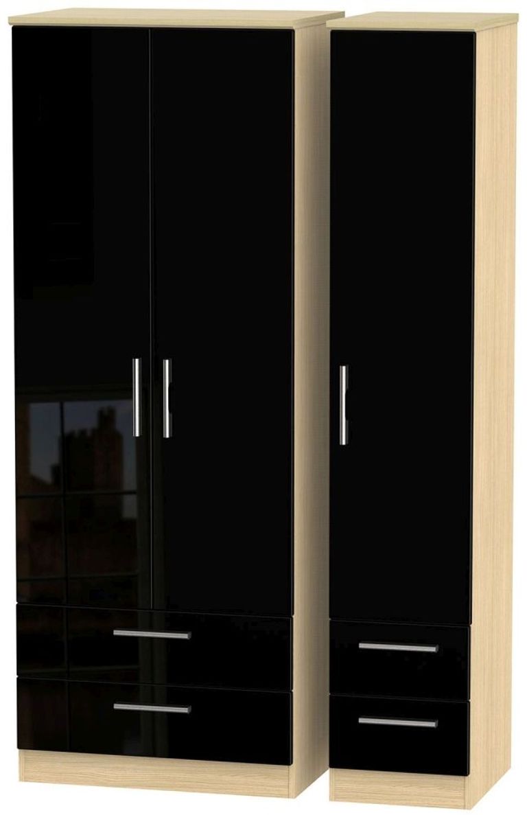 Knightsbridge Black Gloss and Light Oak 3 Door Tall Triple Wardrobe - 4 Drawers