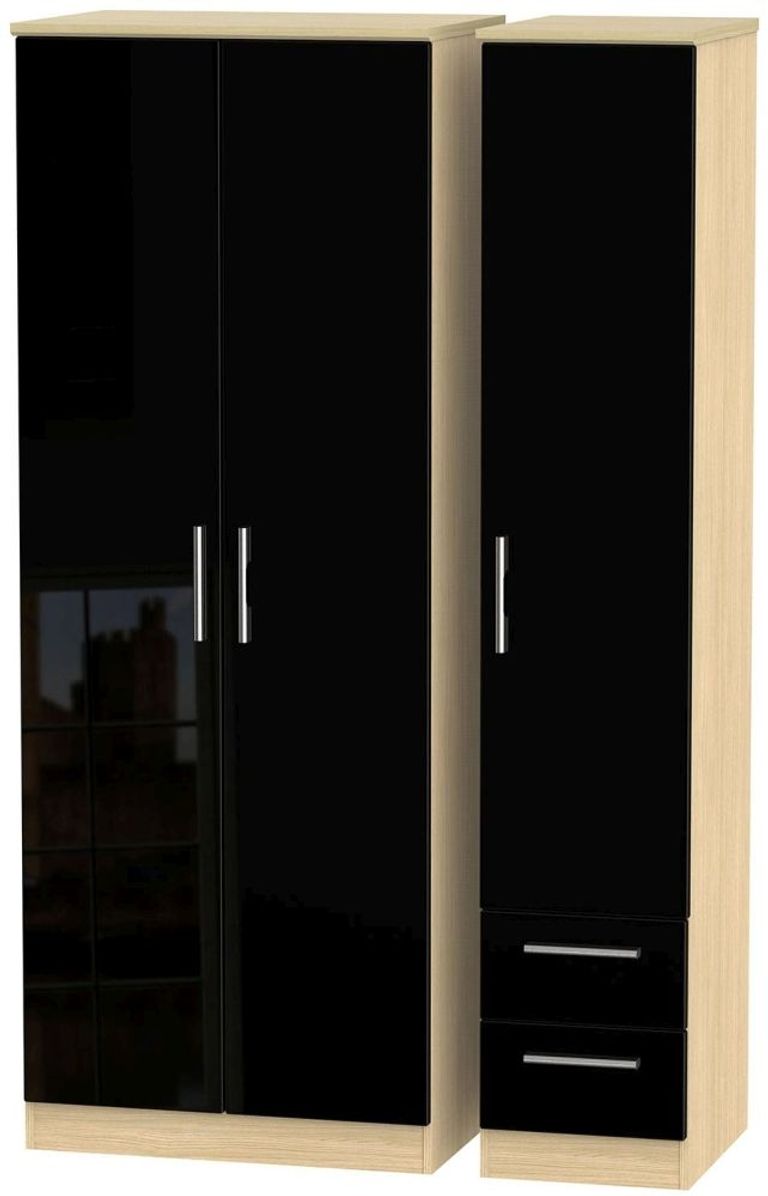 Knightsbridge Black Gloss and Light Oak 3 Door Tall Triple Wardrobe - RHF 2 Drawers