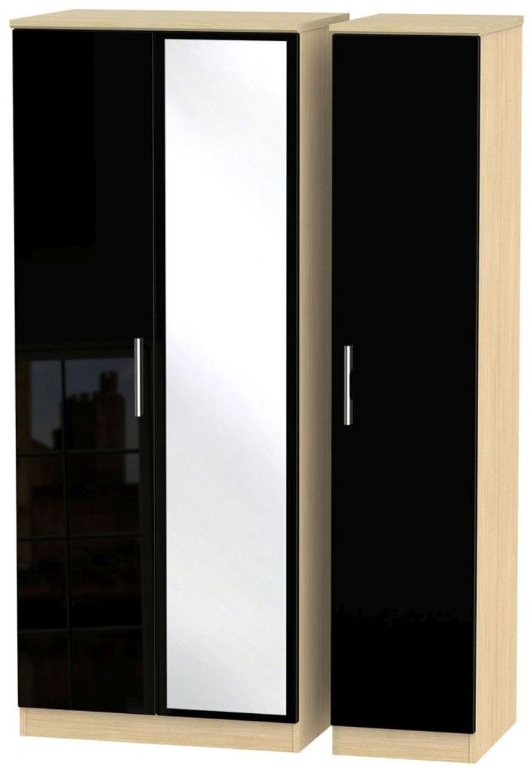 Knightsbridge Black Gloss and Light Oak 3 Door Triple Wardrobe - 1 Mirror