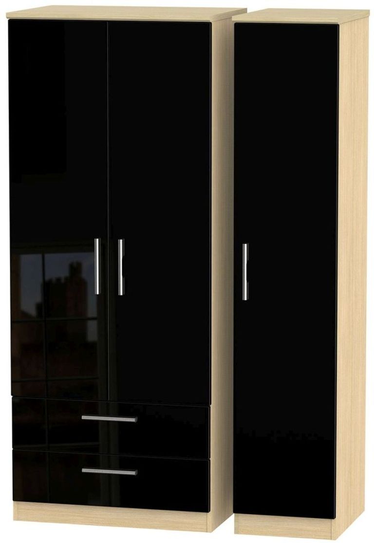 Knightsbridge Black Gloss and Light Oak 3 Door Triple Wardrobe - LHF 2 Drawers