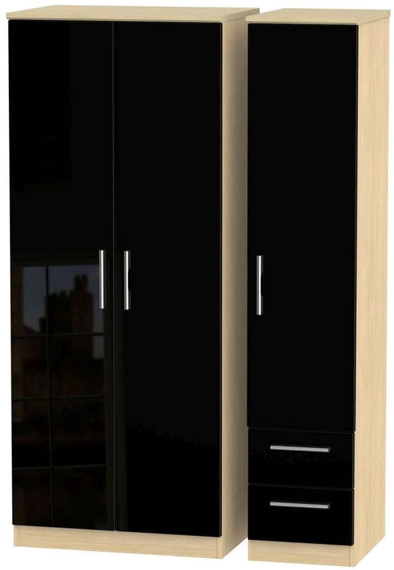 Knightsbridge Black Gloss and Light Oak 3 Door Triple Wardrobe - RHF 2 Drawers