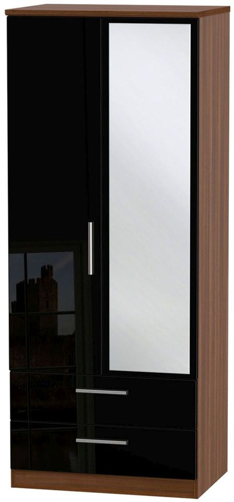 Knightsbridge Black Gloss and Walnut Effect 2 Door Combi Wardrobe - 1 Mirror