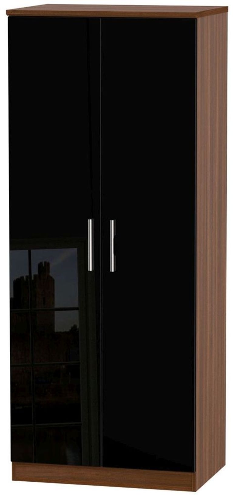 Knightsbridge Black Gloss and Walnut Effect 2 Door Plain Wardrobe