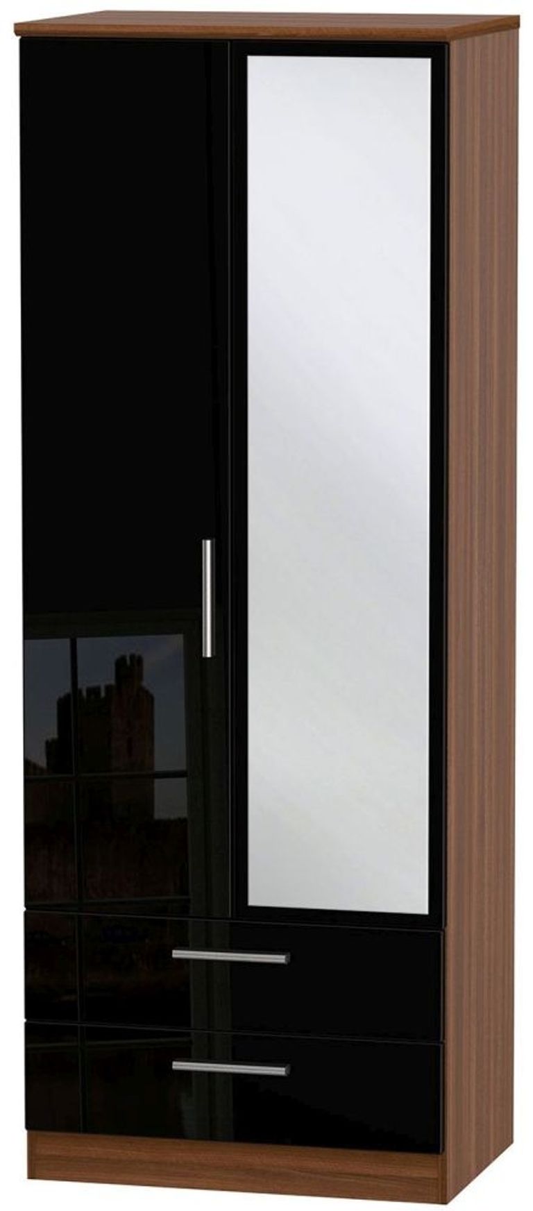 Knightsbridge Black Gloss and Walnut Effect 2 Door Tall Combi Wardrobe - 1 Mirror