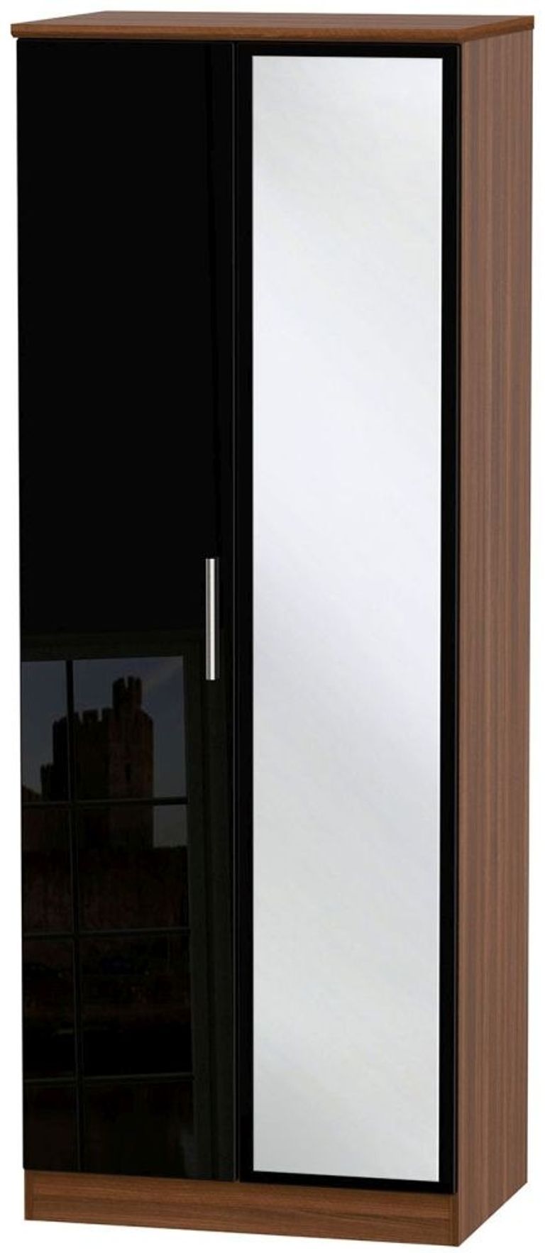 Knightsbridge Black Gloss and Walnut Effect 2 Door Tall Wardrobe - 1 Mirror