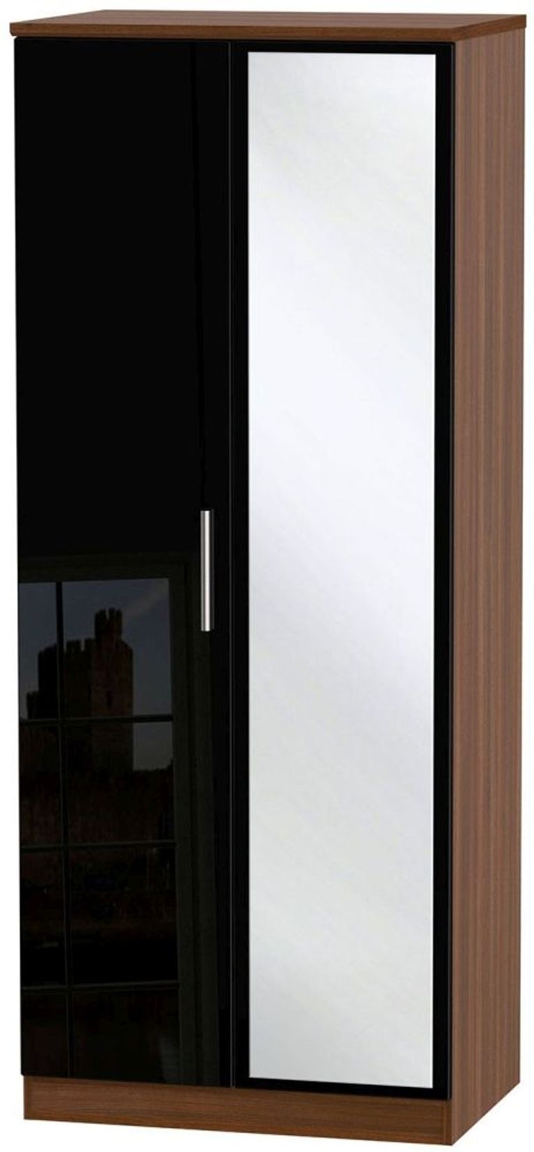 Knightsbridge Black Gloss and Walnut Effect 2 Door Wardrobe - 1 Mirror